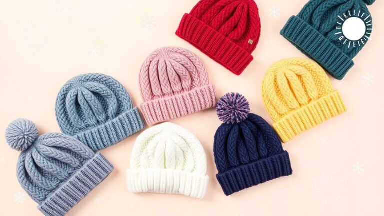 A collection of colorful Baby Beanie Styles on a pastel background, highlighting seasonal designs with winter snowflakes and summer sun icons.