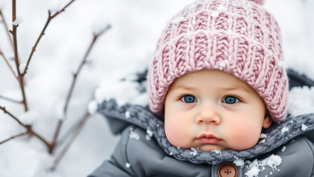 A baby in a knitted beanie showcasing Seasonal Baby Beanies against a snowy backdrop, perfect for winter fashion.