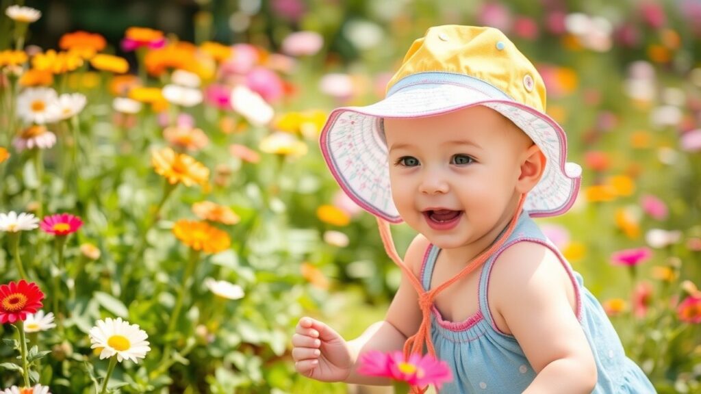 A baby in a Lightweight Baby Hat playing in a vibrant garden, highlighting summer styles that keep little ones cool and stylish.