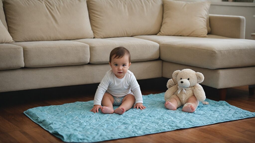 bright living room, illustrating safety and comfort for parents during diaper changes.