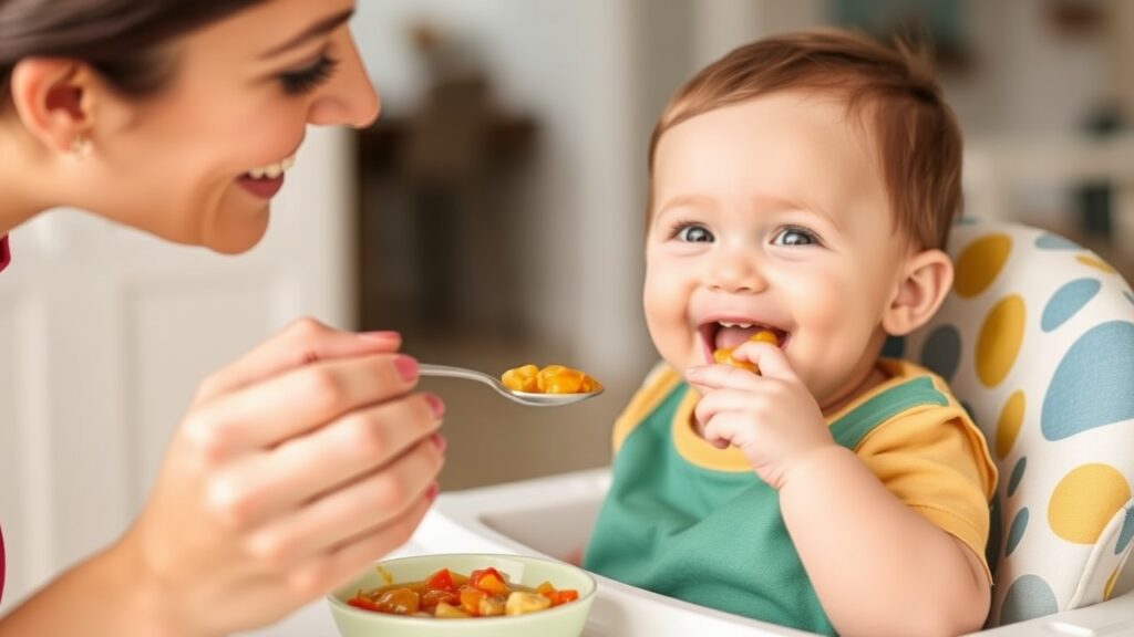 A baby happily eating homemade baby food from a parent, showcasing nutritious baby meals in a joyful feeding moment.