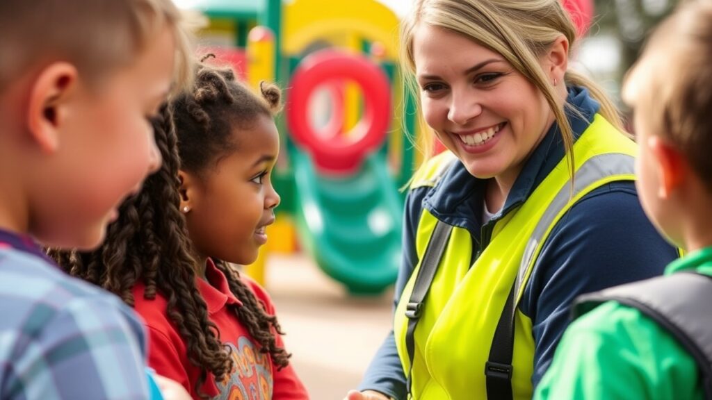 Yard duty supervisor showcasing the importance of yard duty in schools while engaging with children on the playground and practicing effective playground management.