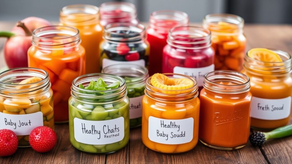 Healthy baby recipes in jars, filled with homemade baby food made from fresh fruits and vegetables, ideal for nutritious baby meals.