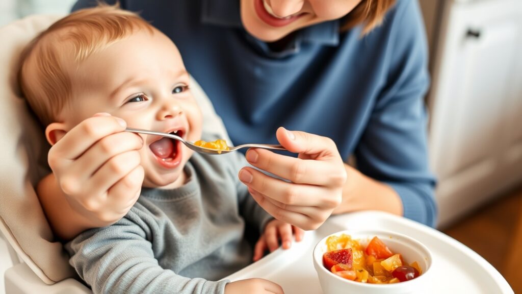 Nutritional baby food recipes being fed to an infant in a high chair, with mashed vegetables for growth.