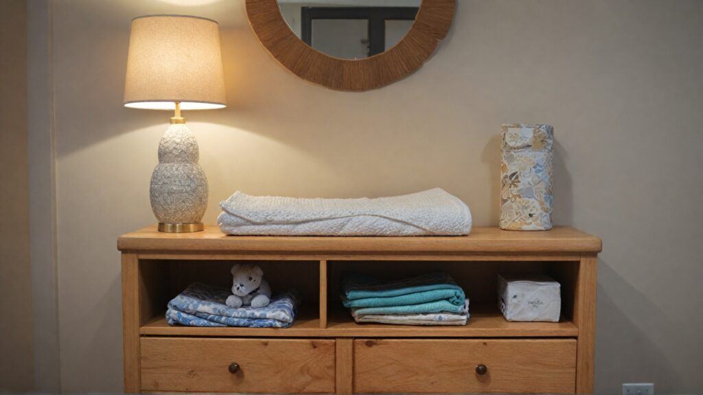 Elegant baby changing mat displayed on a dresser in a warm nursery, showcasing the ideal choice for modern parents seeking quality and style.