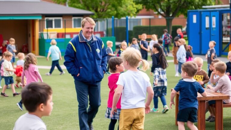 A yard duty supervisor demonstrating child playground supervision skills while ensuring effective playground management as children play safely on a vibrant school playground.