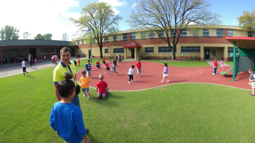 Children playing in a safe environment, showcasing the child playground supervision skills of a yard duty supervisor and the importance of effective playground management.