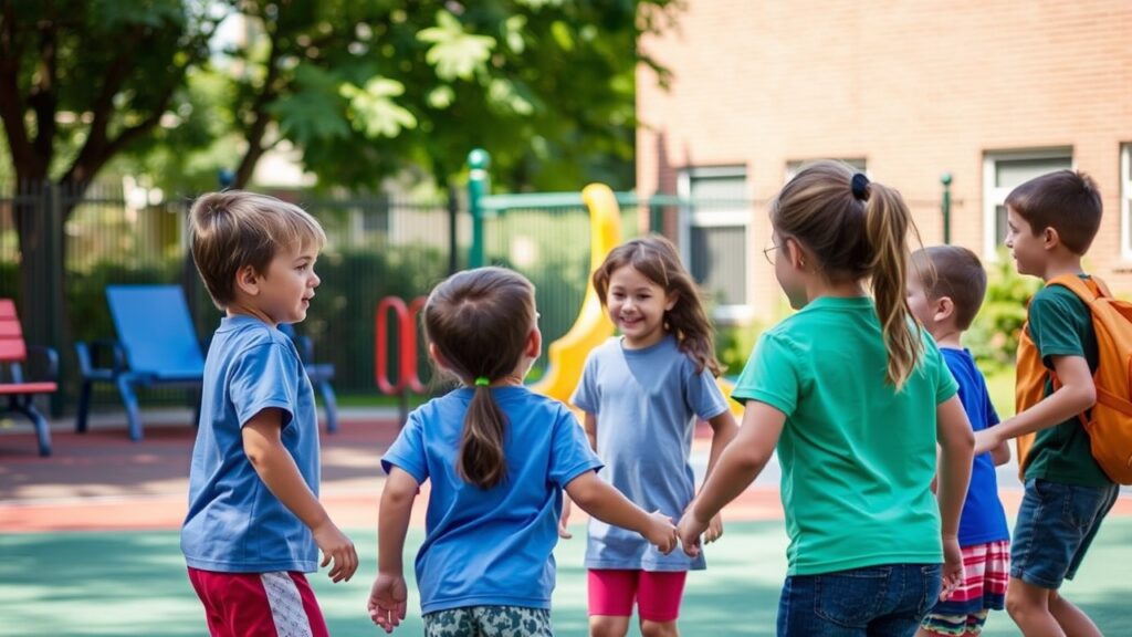 Yard duty supervisor demonstrating the ability of a yard duty with children by mediating a friendly game on the playground, highlighting effective playground management.