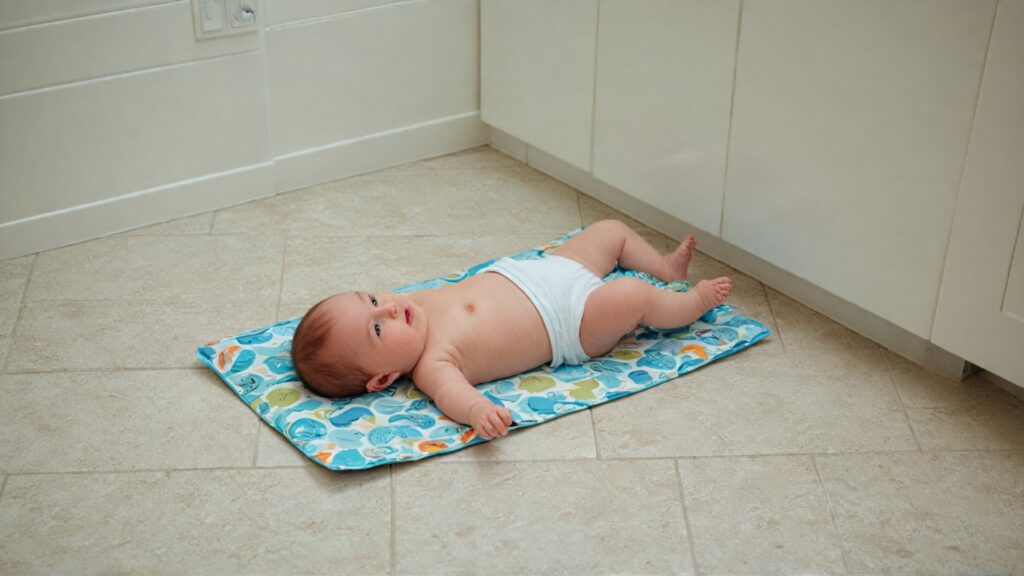 Waterproof baby changing mat in a bathroom, highlighting easy cleaning and practicality for daily diaper changes.