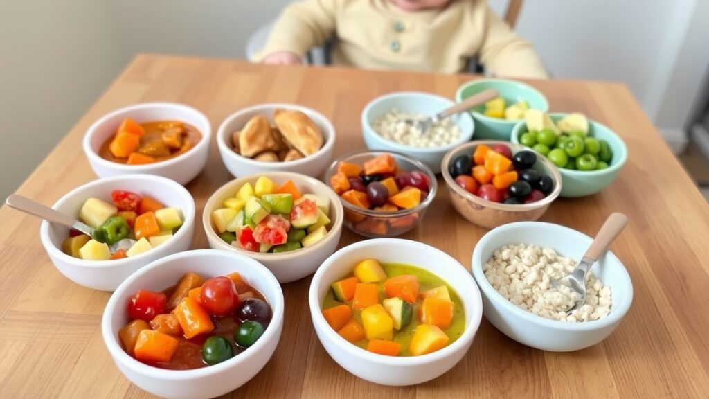 Healthy baby meals served in bowls with pureed fruits and vegetables, promoting growth and development for infants.