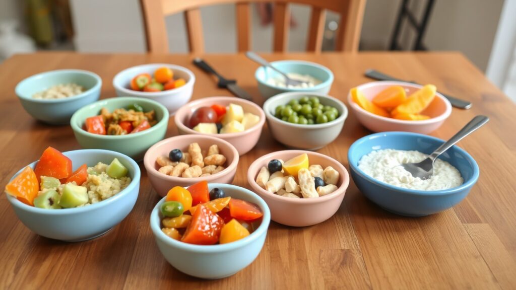 An inviting, colorful array of healthy homemade baby meals served in small bowls with soft textures like pureed vegetables introducting Baby Meal Prep Ideas. 