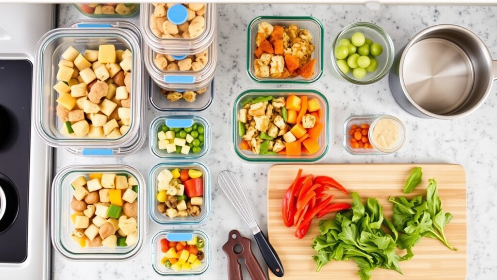 Baby meal prep tips illustrated with containers of prepared meals, Healthy Baby Recipes